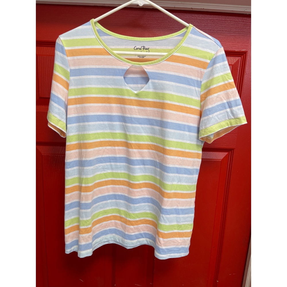 Coral Bay Striped Short Sleeve Keyhole T-Shirt Multi-Color Pastel Large